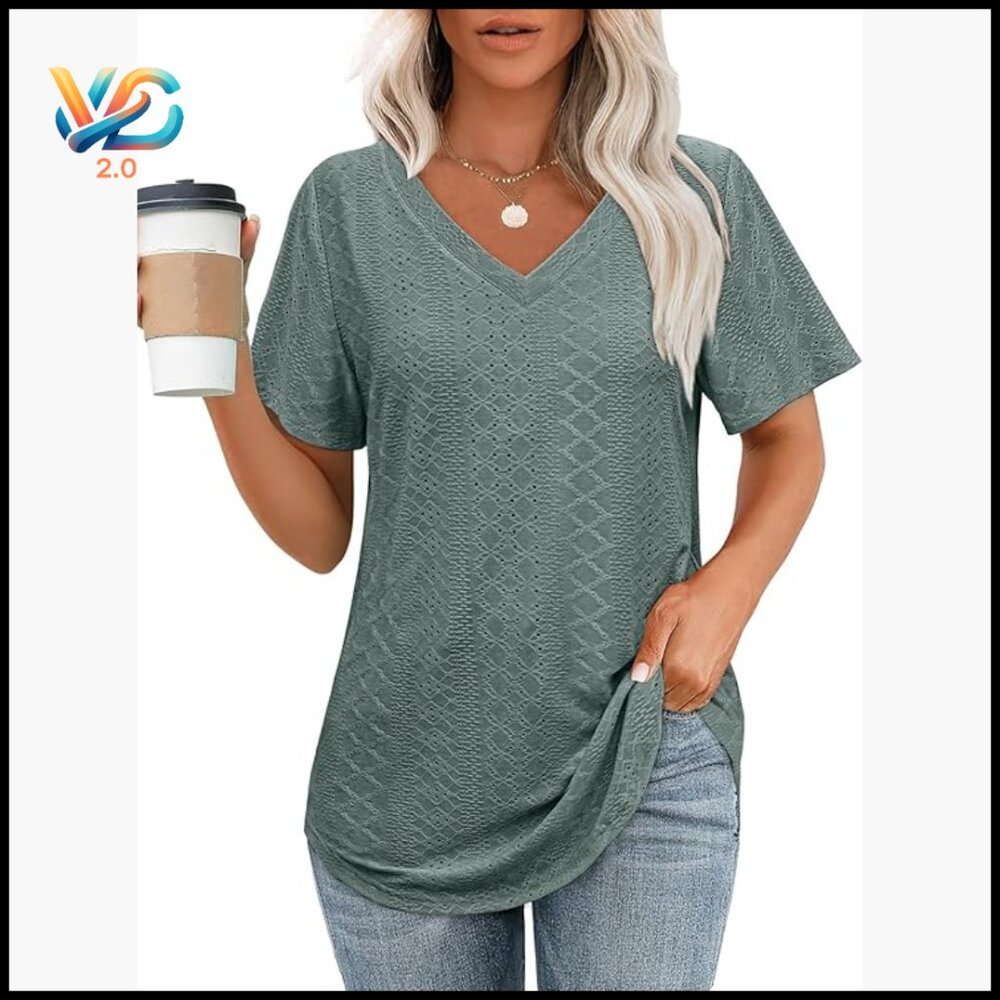 V-Neck Short Sleeve Knit Tee - Sage Green